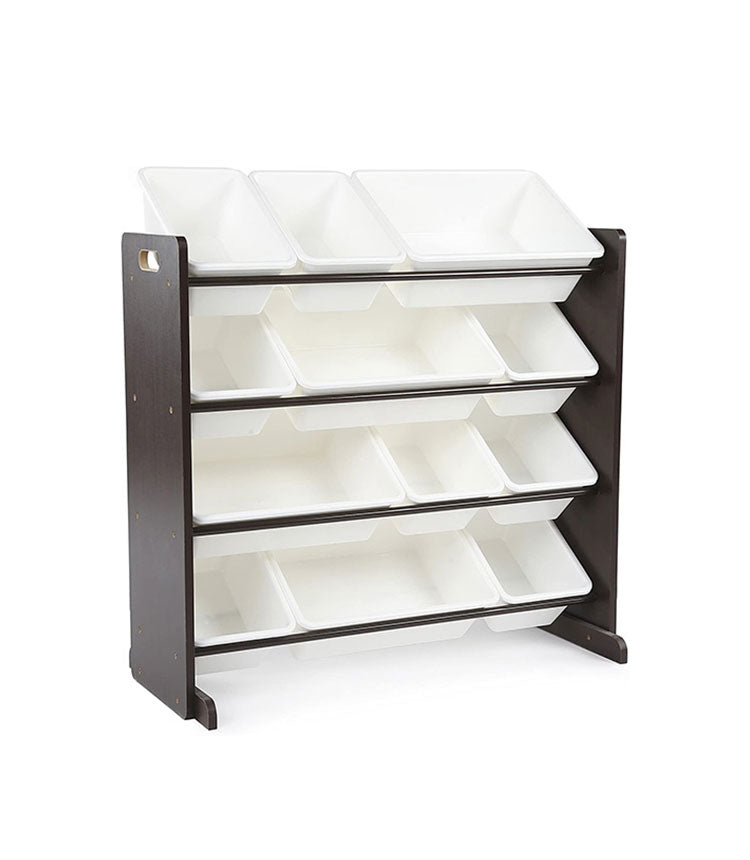 Toy Storage Organiser with 12 Plastic Bins, Espresso/White