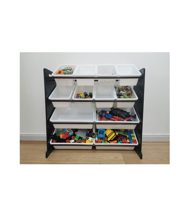 Toy Storage Organiser with 12 Plastic Bins, Espresso/White