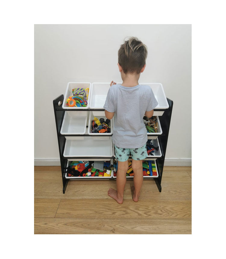 Toy Storage Organiser with 12 Plastic Bins, Espresso/White