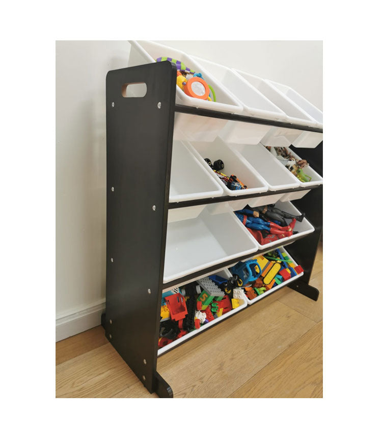 Toy Storage Organiser with 12 Plastic Bins, Espresso/White